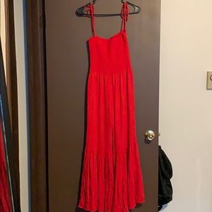 Red Smocked Flared Jumpsuit